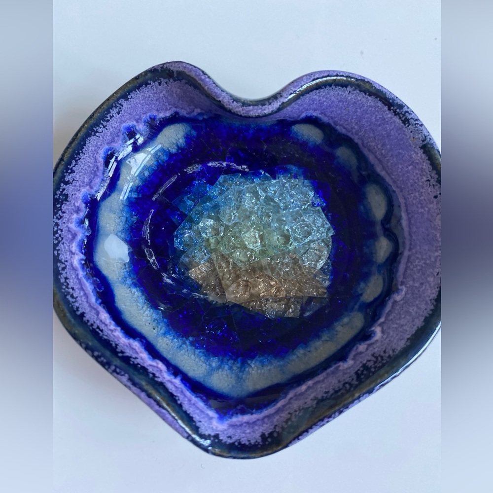 Handcrafted art glass Heart trinket dish in Deep Blue and Purple 3.5”